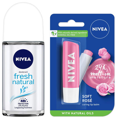 NIVEA Lip Balm, Soft Rose, 4.8g And NIVEA Deodorant Roll On, Fresh Natural, 50ml